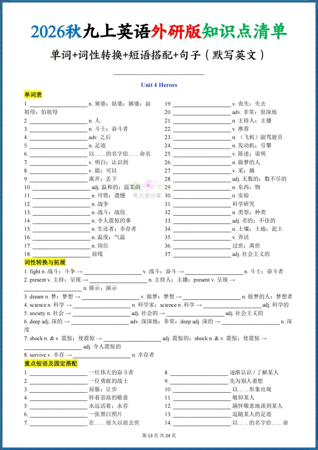 26秋初三新外研版 九年级上册英语《知识点清单》含单词、词性转换、短语搭配、句子(默写英文+默写中文+背诵版)共72页 可打印-第12张图片-四季读书网 26秋初三新外研版 九年级上册英语《知识点清单》含单词、词性转换、短语搭配、句子(默写英文+默写中文+背诵版)共72页 可打印-第12张图片-四季读书网