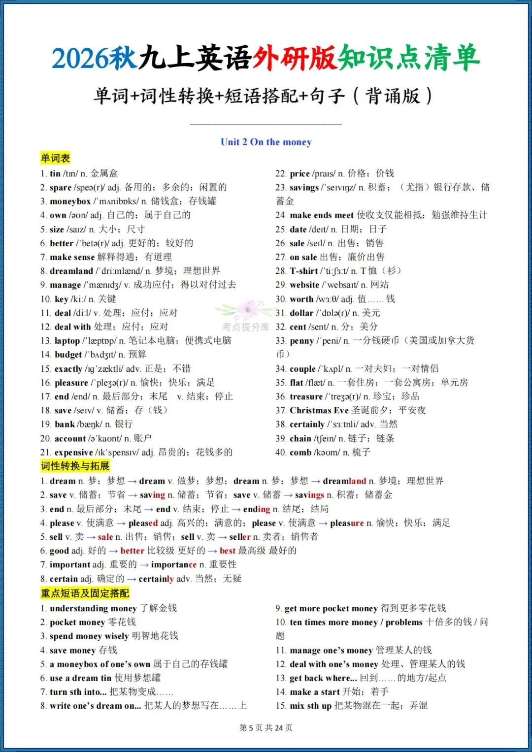 26秋初三新外研版 九年级上册英语《知识点清单》含单词、词性转换、短语搭配、句子(默写英文+默写中文+背诵版)共72页 可打印-第29张图片-四季读书网 26秋初三新外研版 九年级上册英语《知识点清单》含单词、词性转换、短语搭配、句子(默写英文+默写中文+背诵版)共72页 可打印-第29张图片-四季读书网