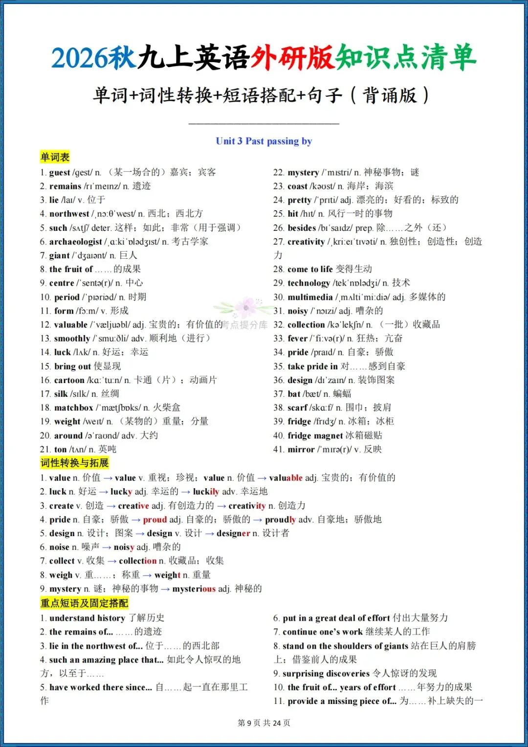 26秋初三新外研版 九年级上册英语《知识点清单》含单词、词性转换、短语搭配、句子(默写英文+默写中文+背诵版)共72页 可打印-第33张图片-四季读书网 26秋初三新外研版 九年级上册英语《知识点清单》含单词、词性转换、短语搭配、句子(默写英文+默写中文+背诵版)共72页 可打印-第33张图片-四季读书网