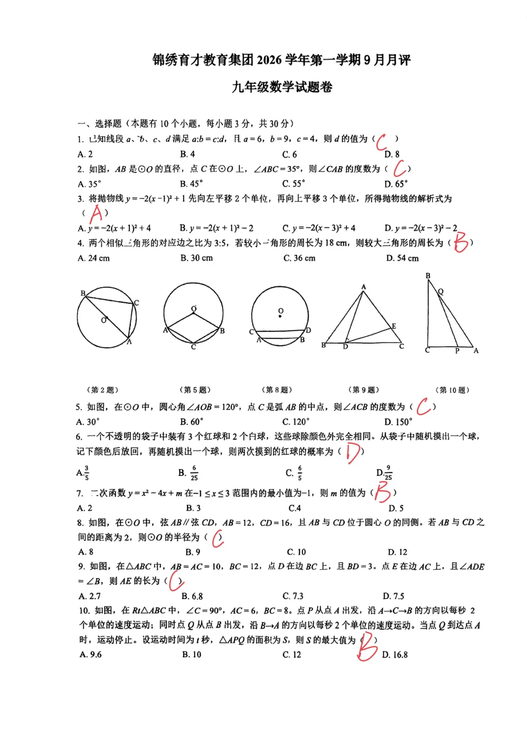 锦绣育才2026学年9月月考九年级数学试卷分析-第2张图片-四季读书网