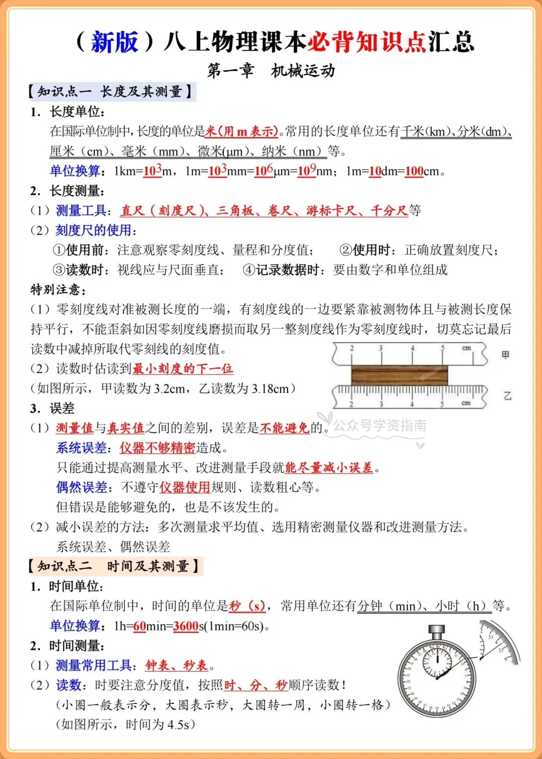 初二物理|2026年人教版八年级上册物理课本必背知识点汇总-第3张图片-四季读书网