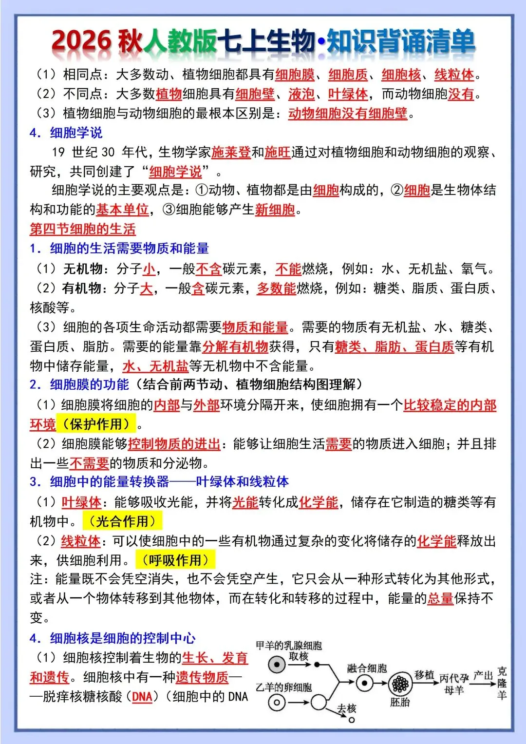 初一新教材 2026 七上生物重点梳理背诵版+填空版,电子打印版!-第2张图片-四季读书网