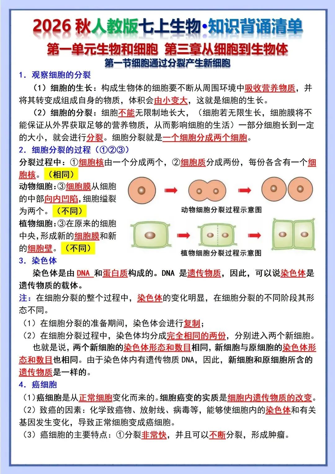 初一新教材 2026 七上生物重点梳理背诵版+填空版,电子打印版!-第3张图片-四季读书网
