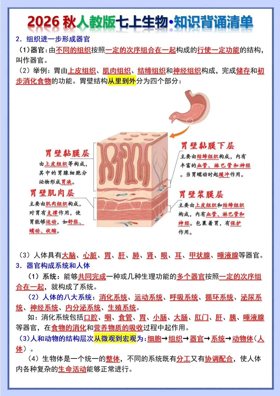 初一新教材 2026 七上生物重点梳理背诵版+填空版,电子打印版!-第5张图片-四季读书网