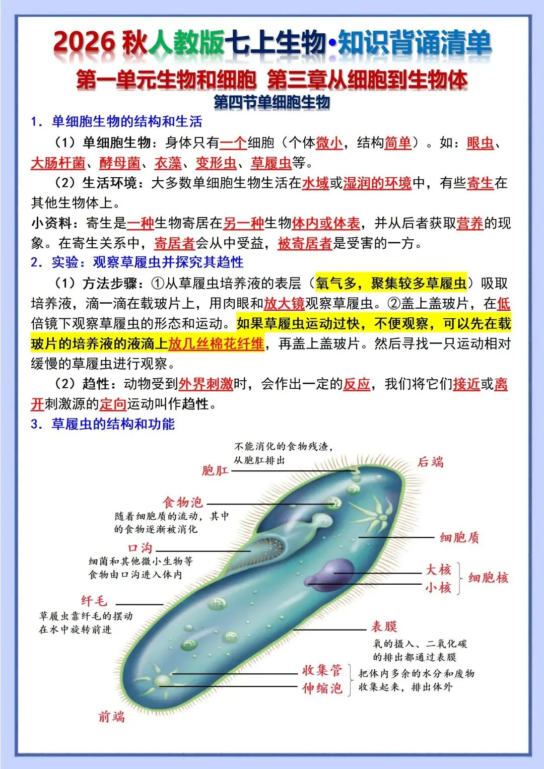 初一新教材 2026 七上生物重点梳理背诵版+填空版,电子打印版!-第8张图片-四季读书网