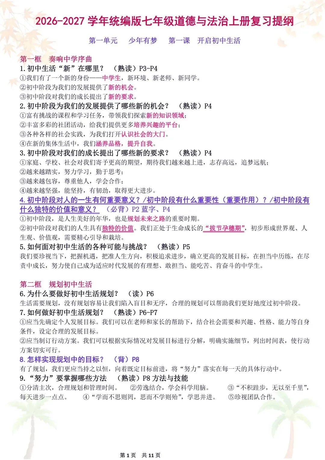 初一新教材 2026 七上道法重点复习提纲梳理汇总,电子打印版!-第1张图片-四季读书网 初一新教材 2026 七上道法重点复习提纲梳理汇总,电子打印版!-第1张图片-四季读书网