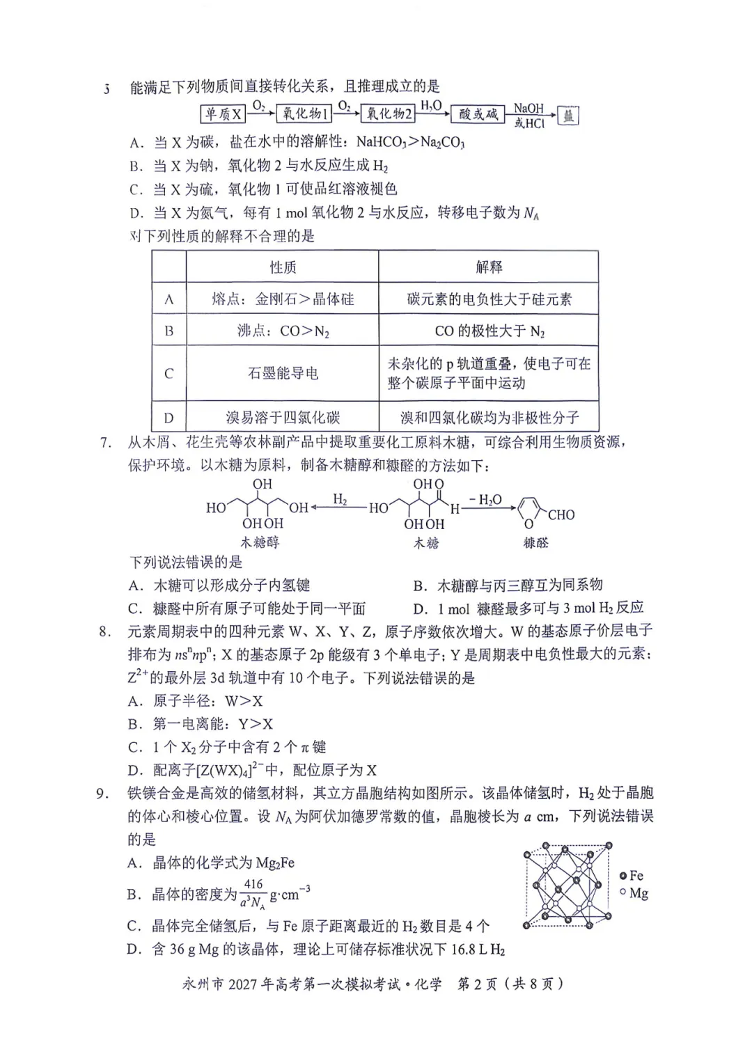 湖南省永州市2027年高考第一次模拟考试化学试题与答案-第2张图片-四季读书网 湖南省永州市2027年高考第一次模拟考试化学试题与答案-第2张图片-四季读书网