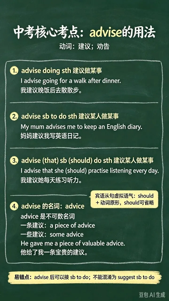 中考核心考点advise和suggest区别-第1张图片-四季读书网