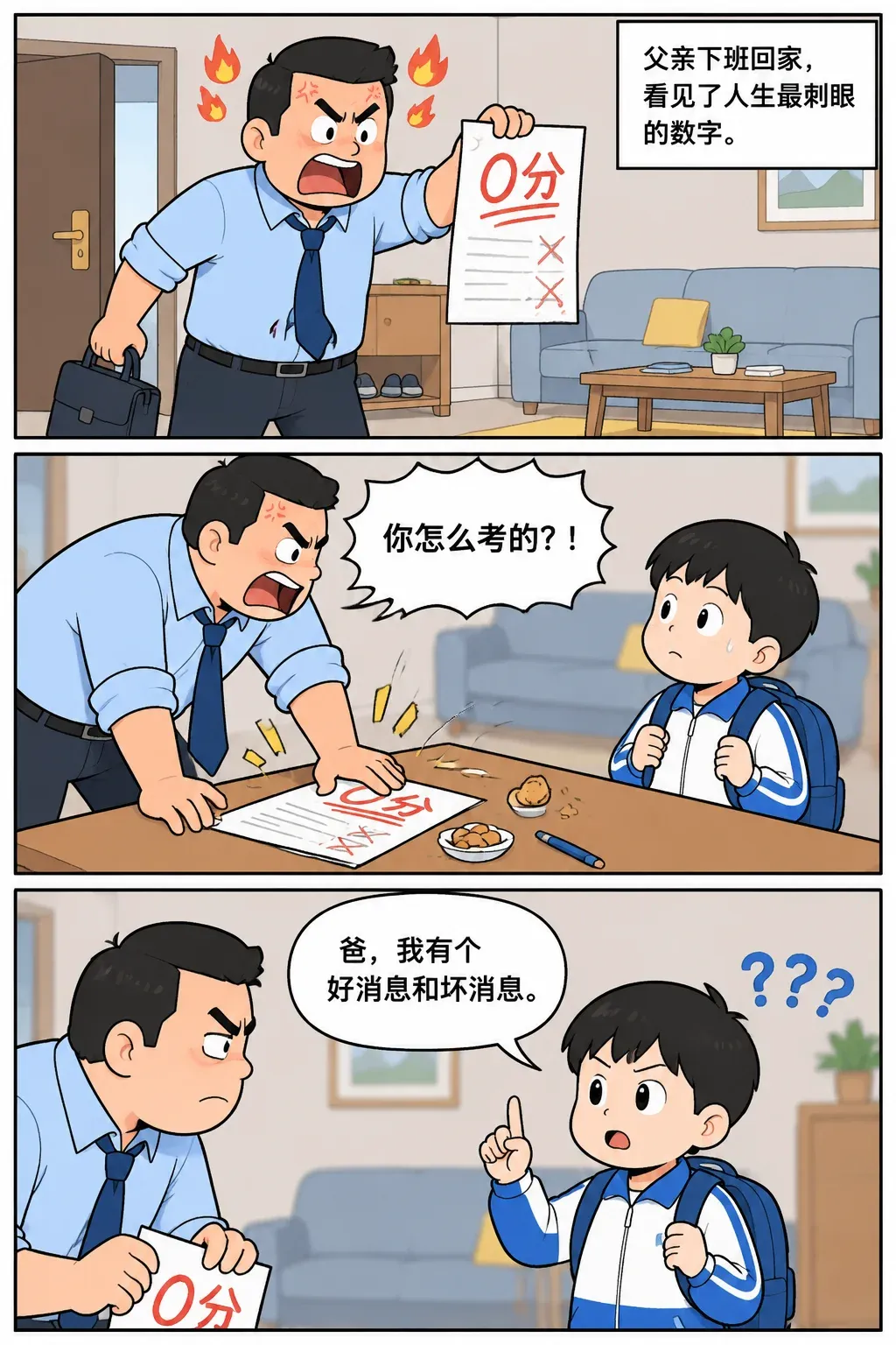 父亲拿着0分试卷回家开训,儿子淡定说好消息坏消息,刚以为是捡的,班主任电话补刀他根本没交-第1张图片-四季读书网