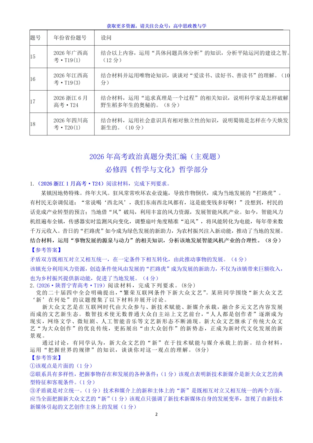 2026年高考政治真题分类主观题汇编(7本书8个模块--含设问、考情统计)-第17张图片-四季读书网