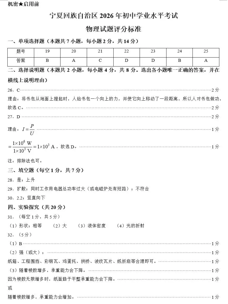 宁夏2026中考真题(物理化学)(含参考答案)-第10张图片-四季读书网