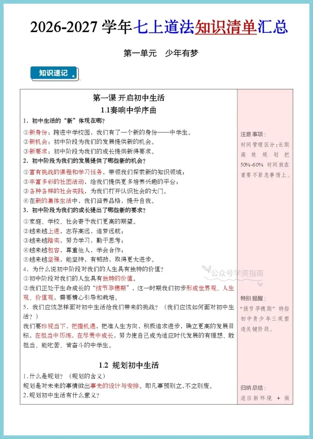 初一道法|2026-2027学年七上道法思维导图式提纲+知识清单背默汇总-第8张图片-四季读书网