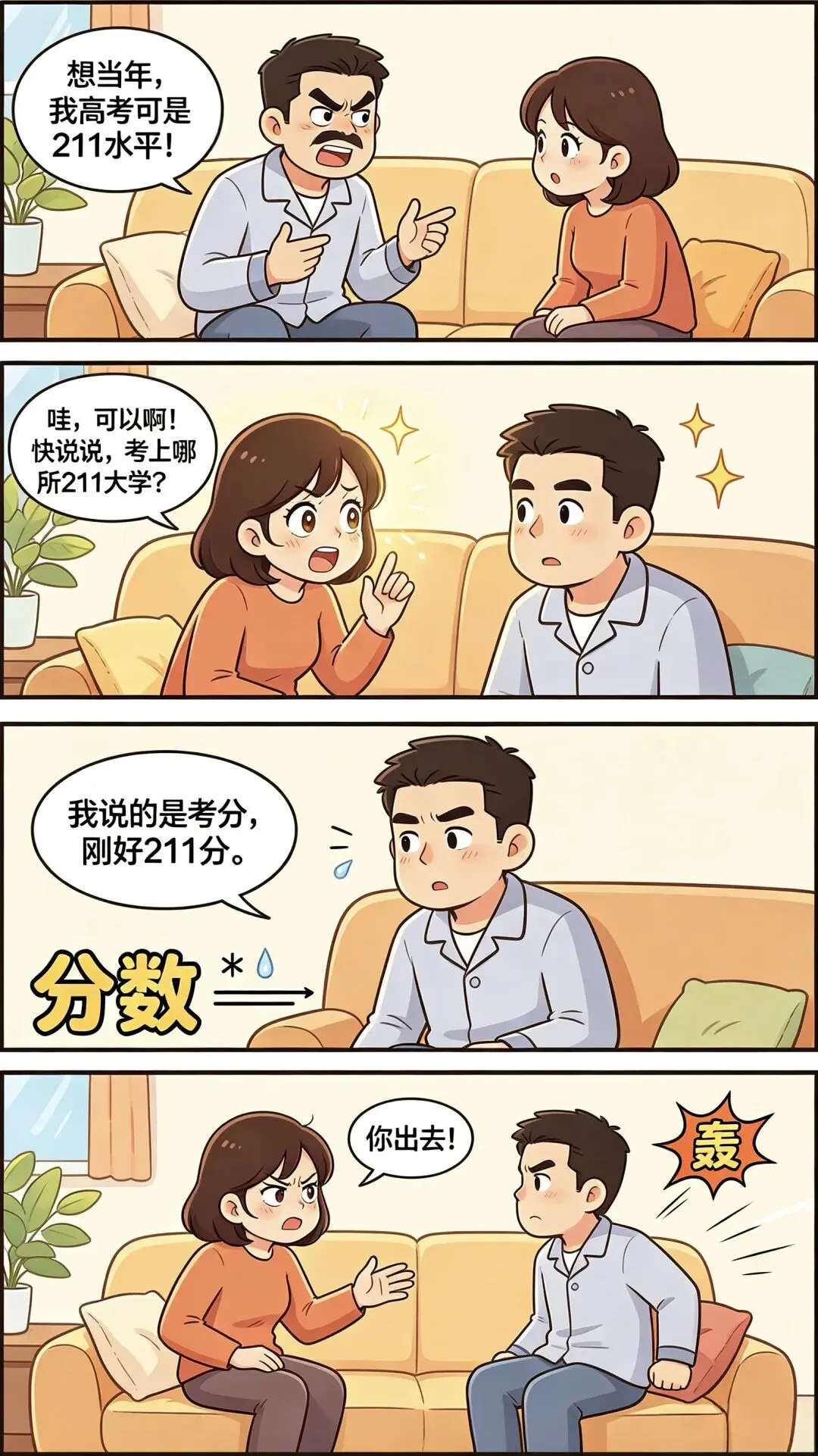 趣味漫画:老公得意洋洋:想当年,我高考可是211水平!老婆眼前一亮:可以啊!快说说,考上哪所211大学?老公:我说的是考分,刚好211分-第1张图片-四季读书网