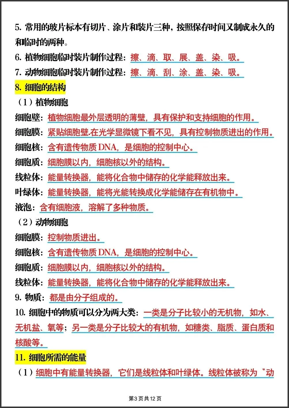 初一新版 2026 七上生物全册核心梳理背诵总结+填空总结,电子打印版!-第10张图片-四季读书网