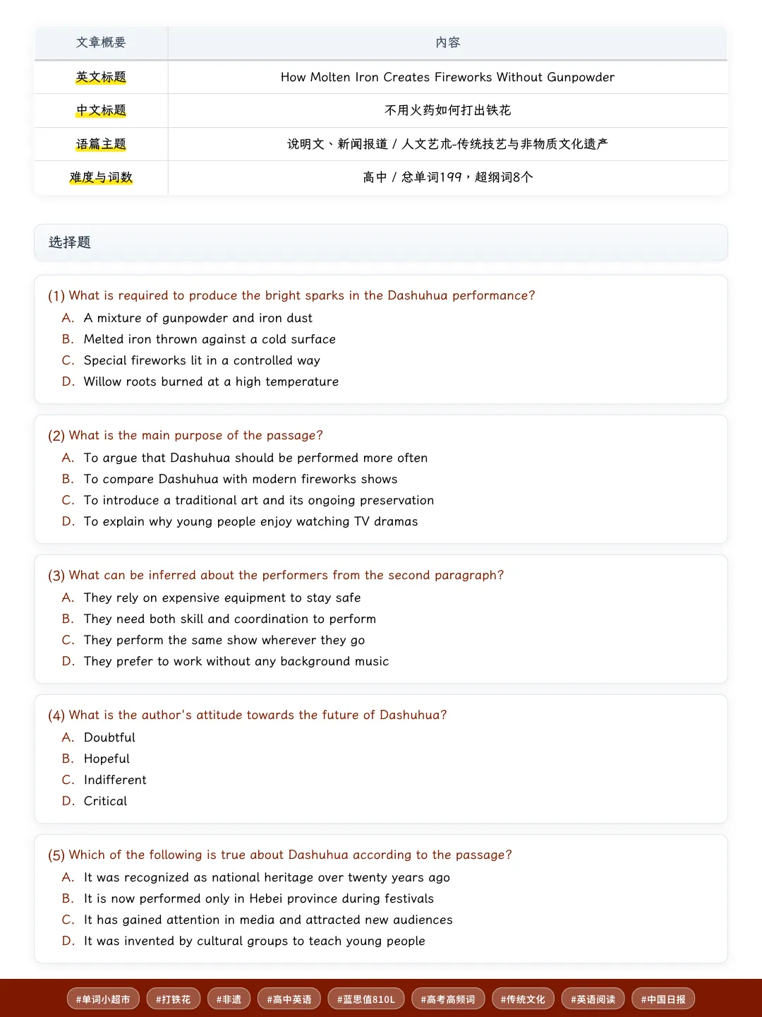 80篇中华文化搞定高考3500个单词·打铁花非遗绝技,积累“strike/iron”等高中课标词,练文化类阅读-第6张图片-四季读书网