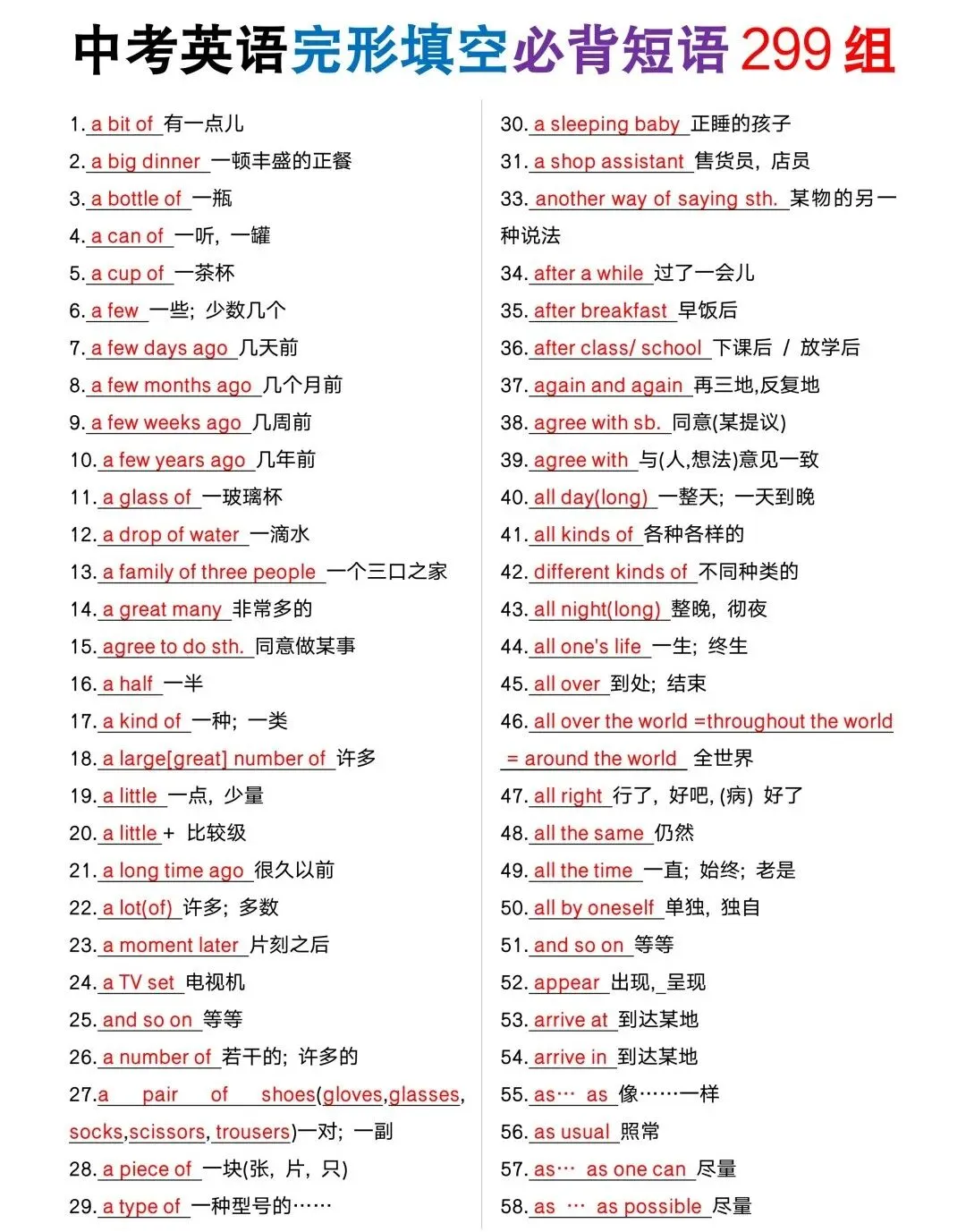 中考英语完形填空必背短语299组,每天背一背-第2张图片-四季读书网