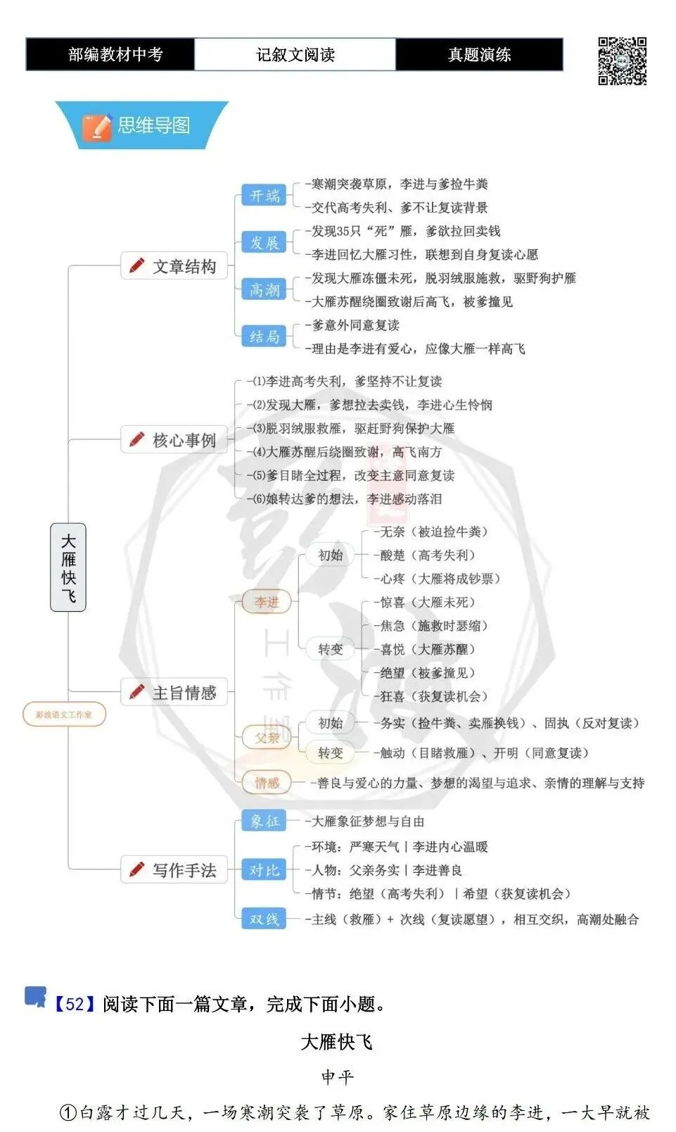 【中考现代文阅读-真题演练】52-大雁快飞-思维导图+试题精析-第5张图片-四季读书网
