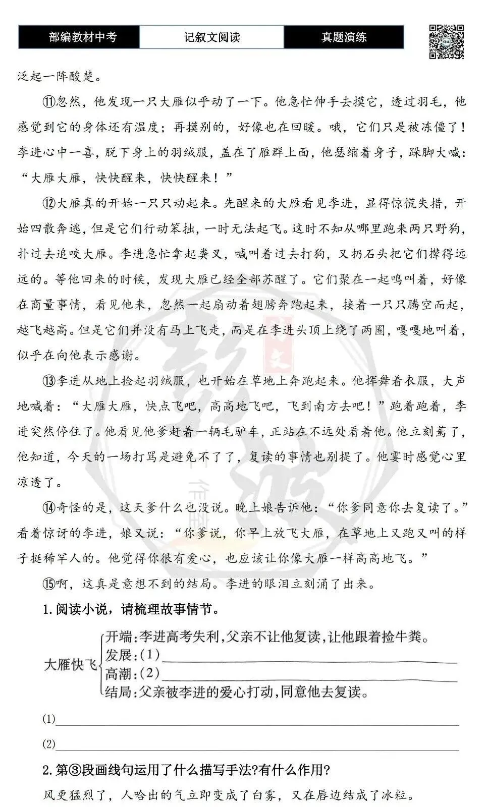 【中考现代文阅读-真题演练】52-大雁快飞-思维导图+试题精析-第7张图片-四季读书网