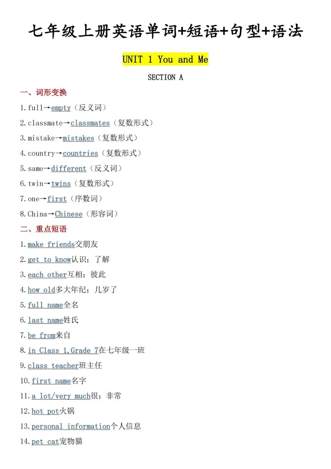 初一七年级(上)英语知识点汇总(单词 短语 句型 语法)-第2张图片-四季读书网 初一七年级(上)英语知识点汇总(单词 短语 句型 语法)-第2张图片-四季读书网