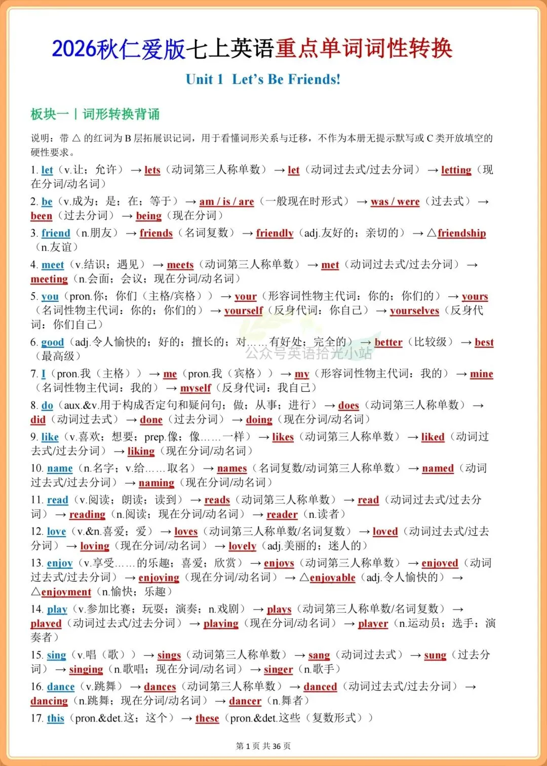 初一英语|【仁爱版】2026年七上英语1-6单元重点单词词性转换+专题练习-第2张图片-四季读书网