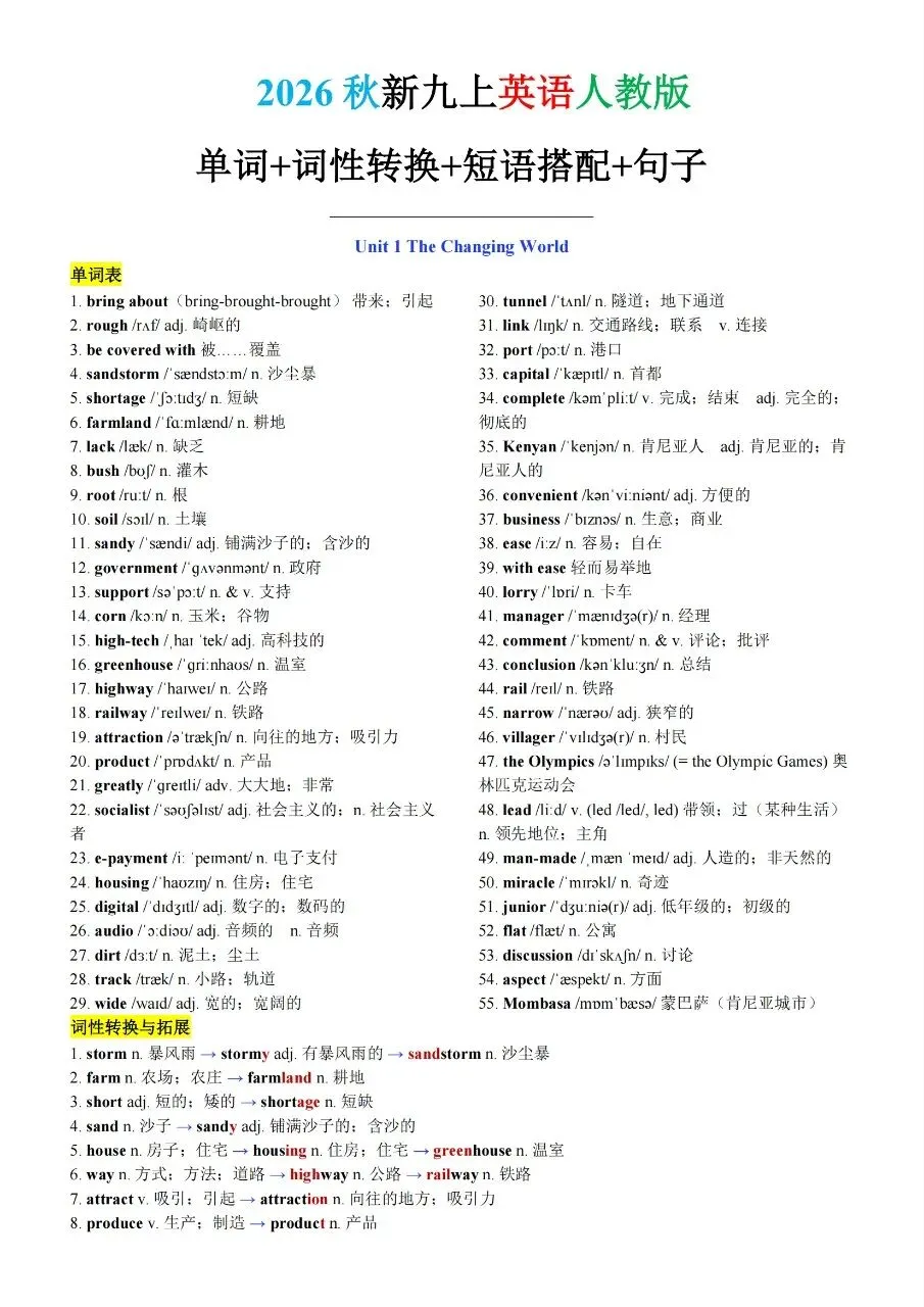 【九上英语】2026秋新初三九年级上册英语【英译汉+汉译英】单词短语句子重点内容背诵默写-第11张图片-四季读书网 【九上英语】2026秋新初三九年级上册英语【英译汉+汉译英】单词短语句子重点内容背诵默写-第11张图片-四季读书网