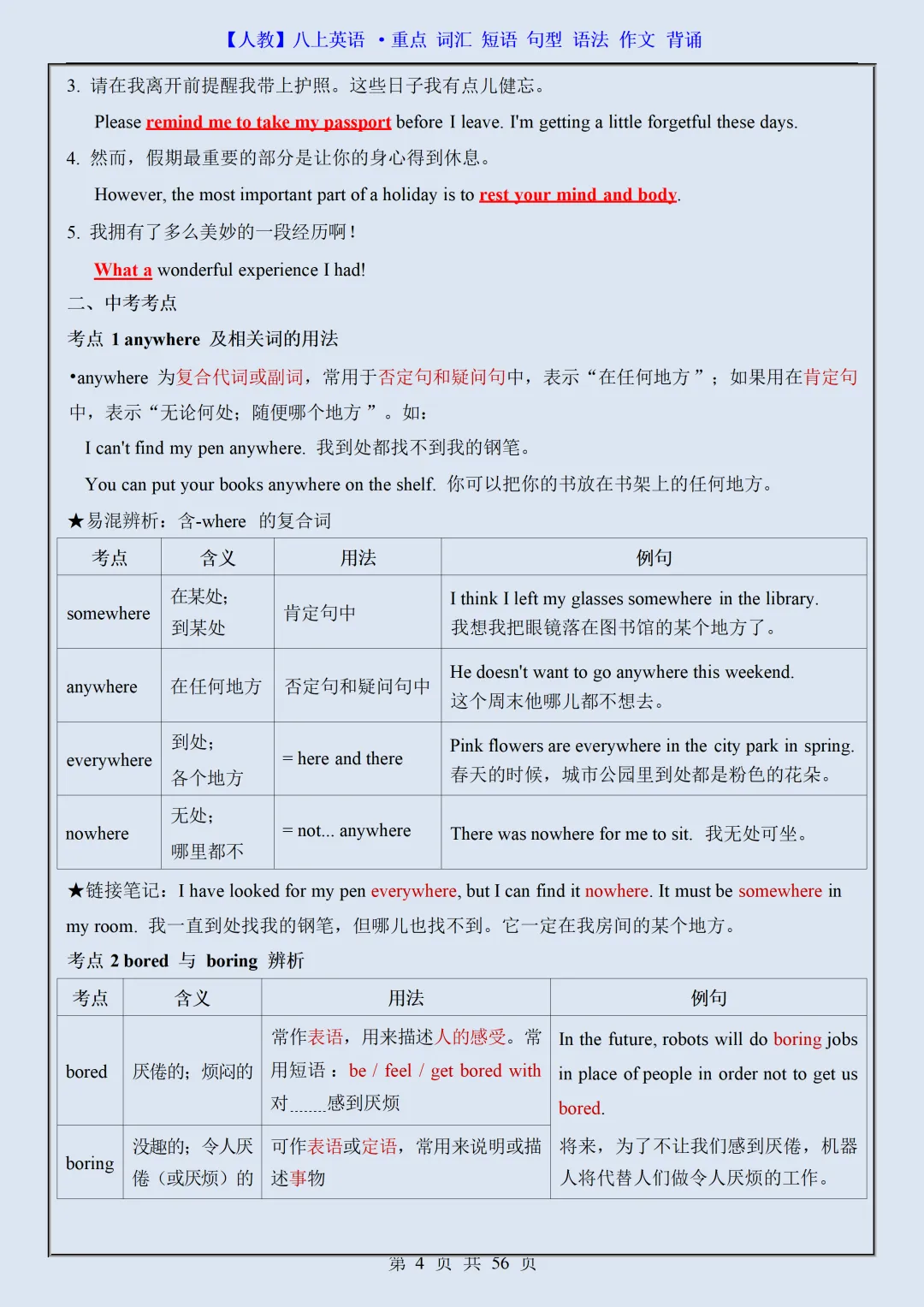 【初二】2026新教材八上英语重点词汇·短语·句型·语法·作文背诵(高清版可打印)-第8张图片-四季读书网