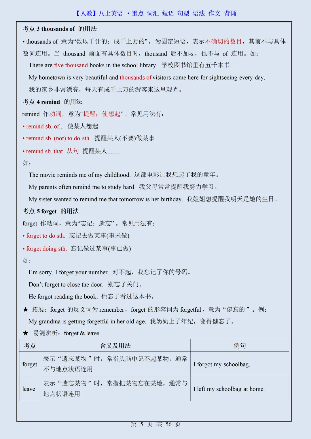 【初二】2026新教材八上英语重点词汇·短语·句型·语法·作文背诵(高清版可打印)-第9张图片-四季读书网