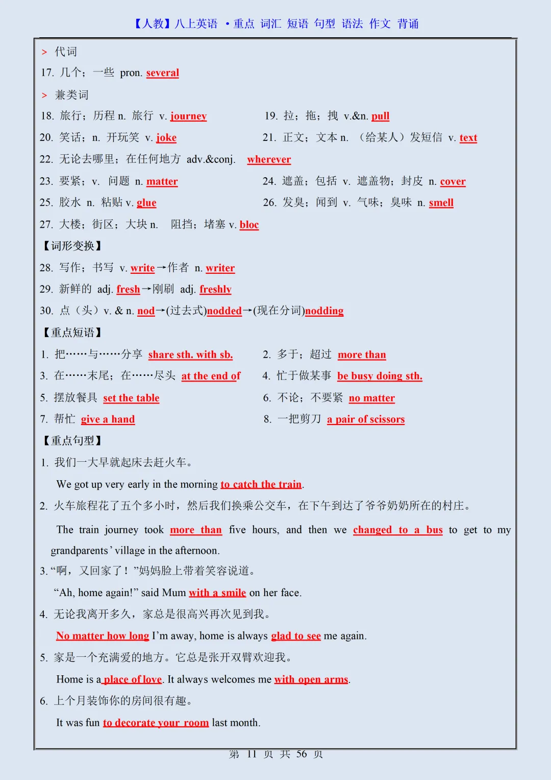 【初二】2026新教材八上英语重点词汇·短语·句型·语法·作文背诵(高清版可打印)-第15张图片-四季读书网