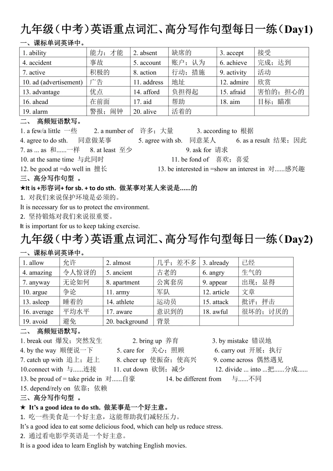九年级(中考)英语重点词汇、高分写作句型每日一练-第1张图片-四季读书网 九年级(中考)英语重点词汇、高分写作句型每日一练-第1张图片-四季读书网