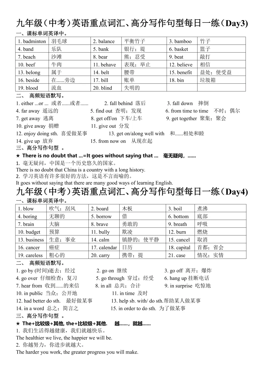 九年级(中考)英语重点词汇、高分写作句型每日一练-第2张图片-四季读书网 九年级(中考)英语重点词汇、高分写作句型每日一练-第2张图片-四季读书网