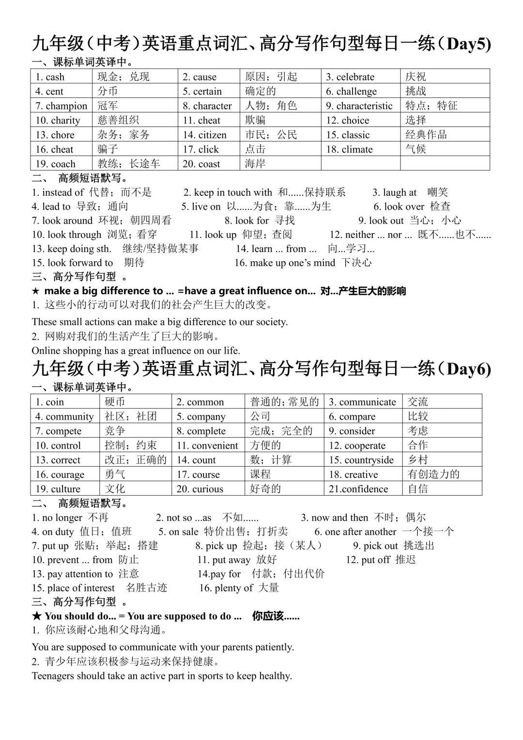 九年级(中考)英语重点词汇、高分写作句型每日一练-第3张图片-四季读书网 九年级(中考)英语重点词汇、高分写作句型每日一练-第3张图片-四季读书网