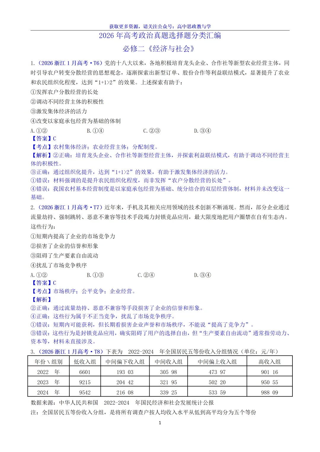 2026年高考政治真题选择题分类汇编(7本书8个模块)24省市18套题-第13张图片-四季读书网