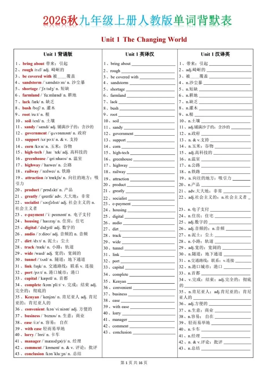 2026秋九年级上册初三英语(人教版)Unit1-8单词背诵默写【三栏背默打卡表】,可保存原图打印!-第3张图片-四季读书网