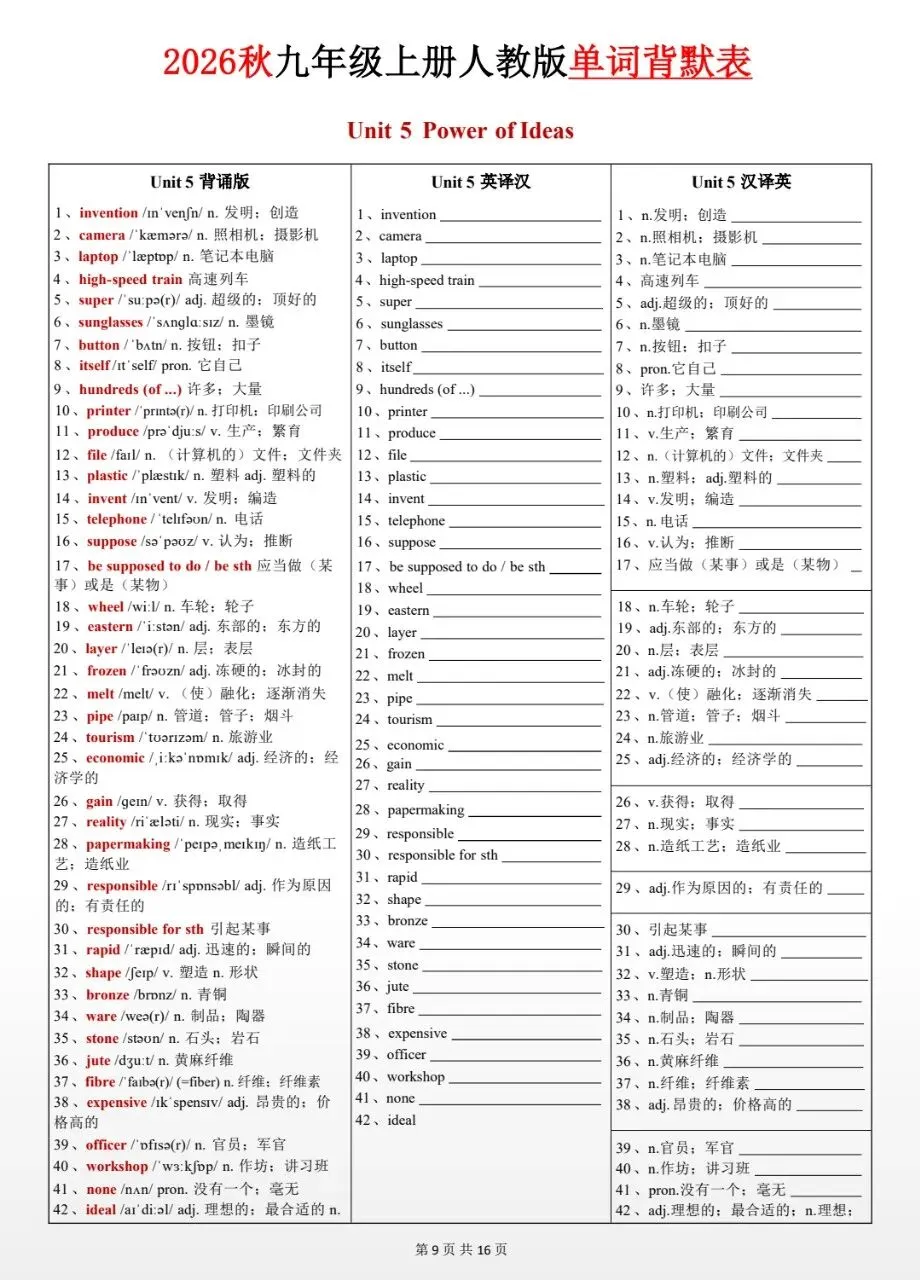 2026秋九年级上册初三英语(人教版)Unit1-8单词背诵默写【三栏背默打卡表】,可保存原图打印!-第11张图片-四季读书网