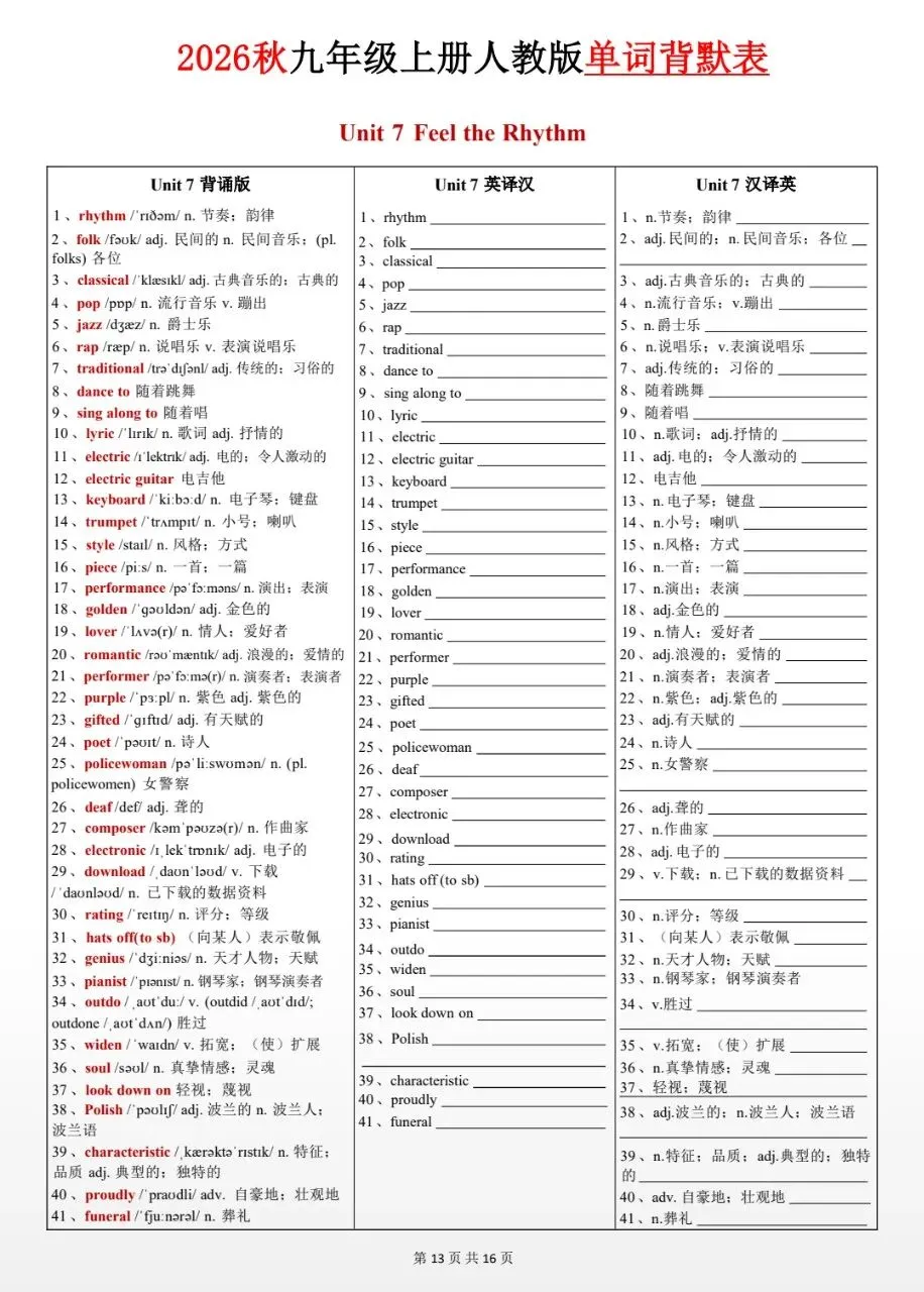 2026秋九年级上册初三英语(人教版)Unit1-8单词背诵默写【三栏背默打卡表】,可保存原图打印!-第15张图片-四季读书网