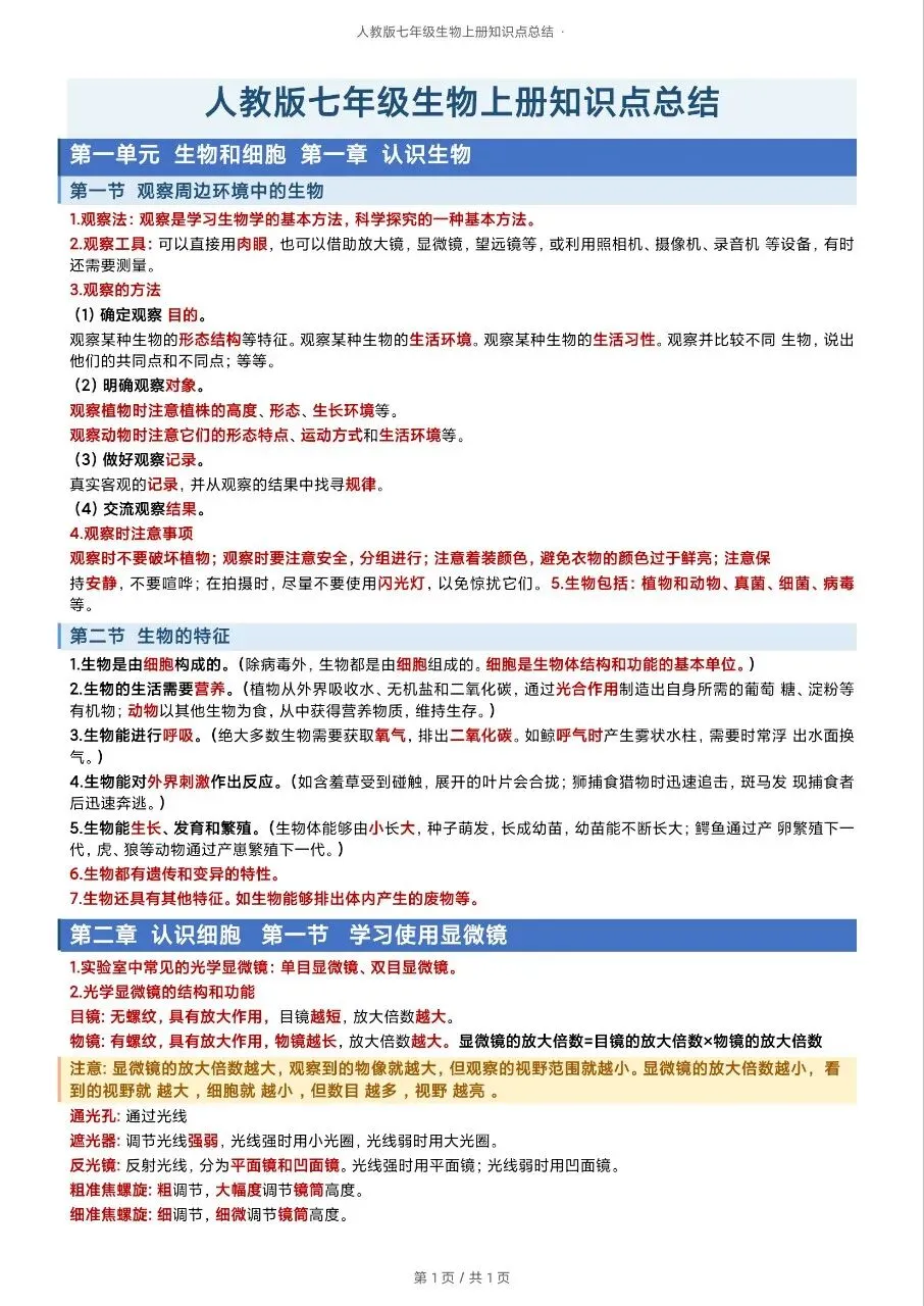 初一新版 2026 七上生物全册重点知识清单梳理必背总结,电子打印版!-第1张图片-四季读书网 初一新版 2026 七上生物全册重点知识清单梳理必背总结,电子打印版!-第1张图片-四季读书网