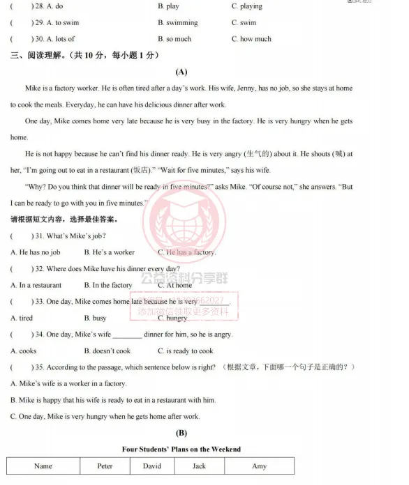 【初一/六上】2026年哈17中六上英语9月月考试卷及答案-第5张图片-四季读书网 【初一/六上】2026年哈17中六上英语9月月考试卷及答案-第5张图片-四季读书网