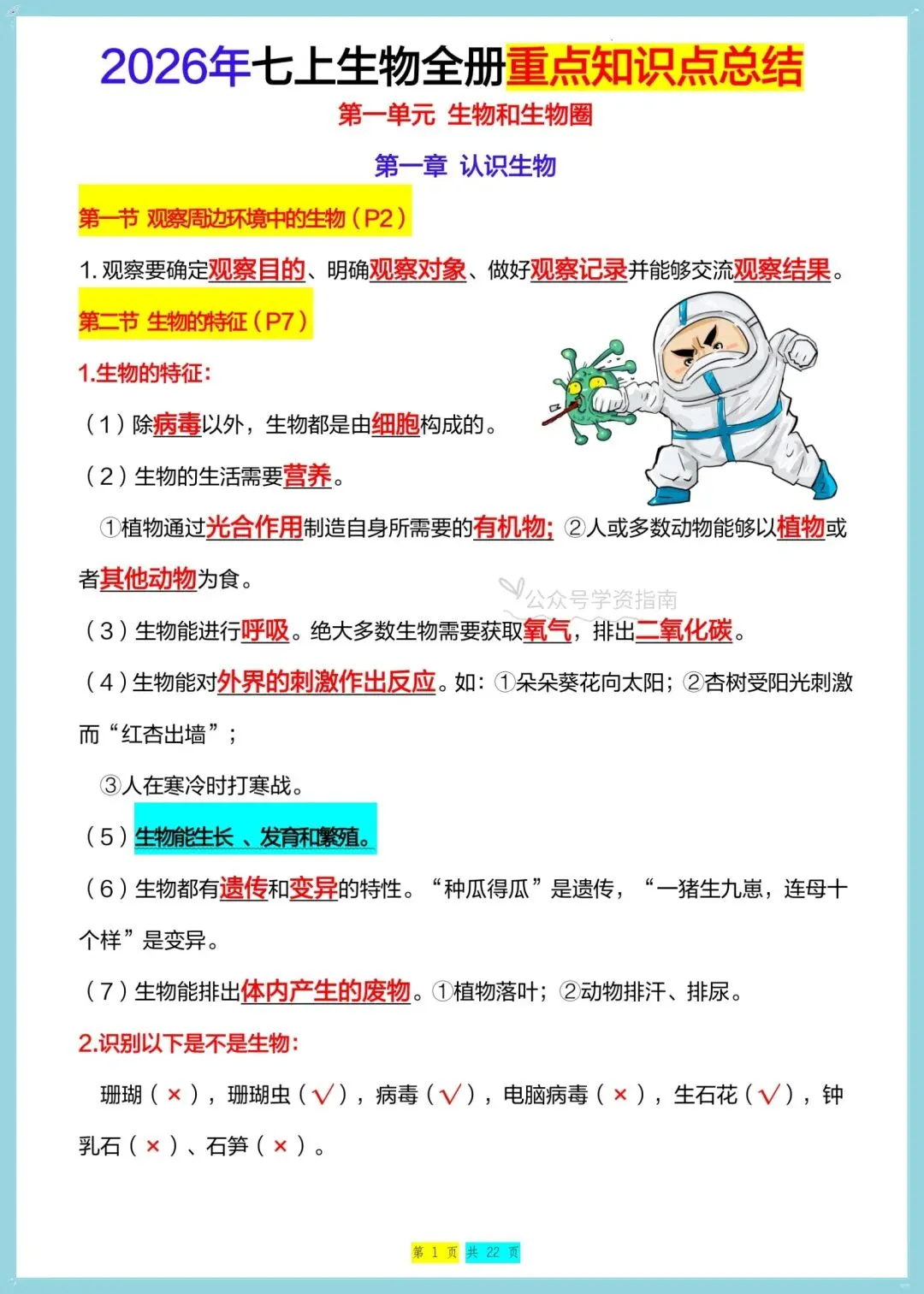 初一生物|2026年七年级上册生物全册重点知识总结(背诵+默写)-第9张图片-四季读书网 初一生物|2026年七年级上册生物全册重点知识总结(背诵+默写)-第9张图片-四季读书网