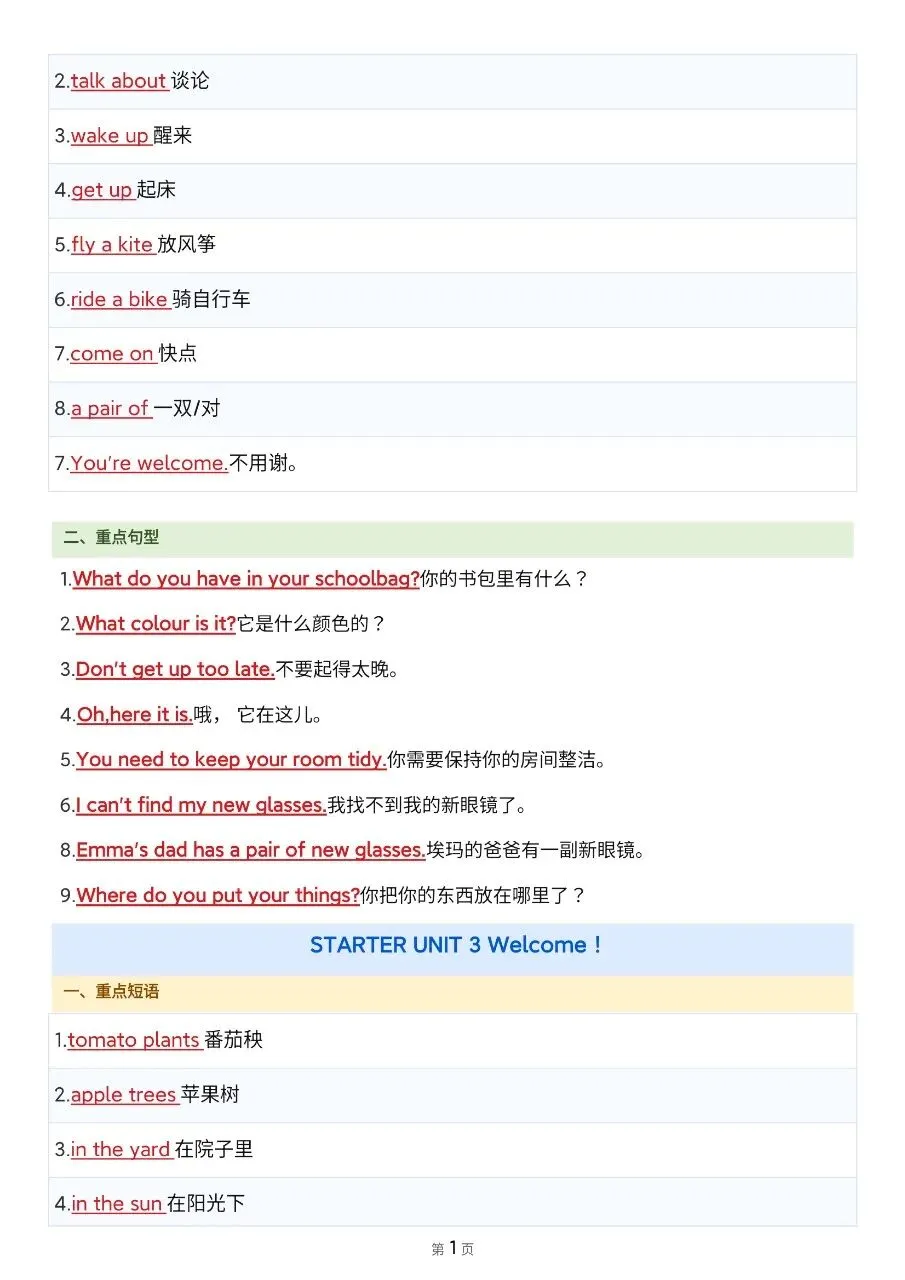 初一新版 2026 七上英语全册重点短语句型梳理必背总结,电子打印版!-第2张图片-四季读书网