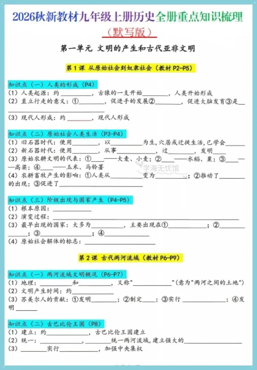 初三历史|2026秋新版九上历史全册重点知识汇总背默+一课一练含解析!-第8张图片-四季读书网