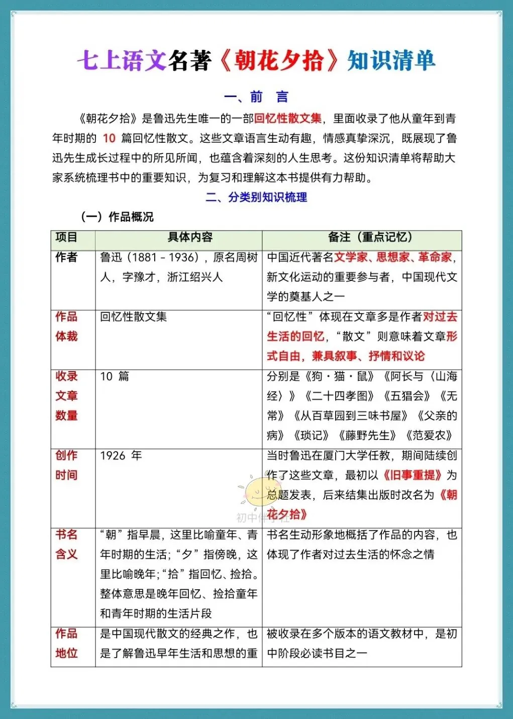 初一2026年人教版七上语文必读名著《朝花夕拾》知识点考点清单梳理总结!打印背诵!-第3张图片-四季读书网
