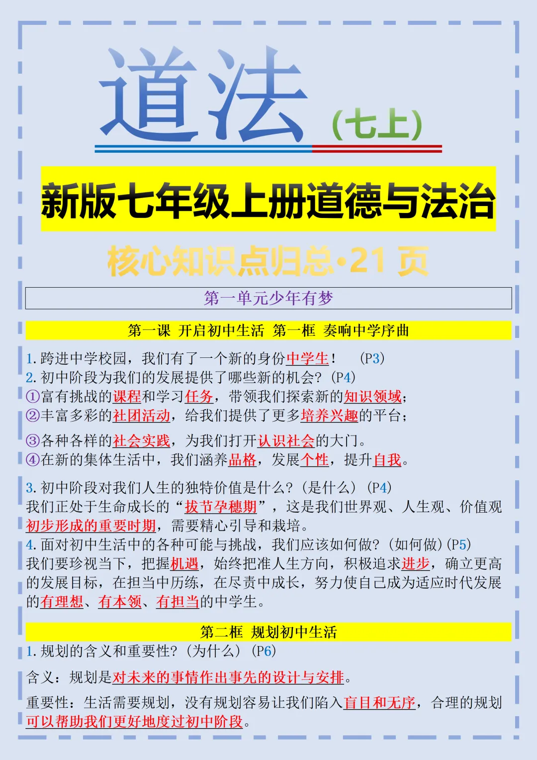 【初一】2026秋七年级上册道德与法治必背考点知识点汇总,有完整版可打印,建议家长领取一份打印给孩子!-第3张图片-四季读书网