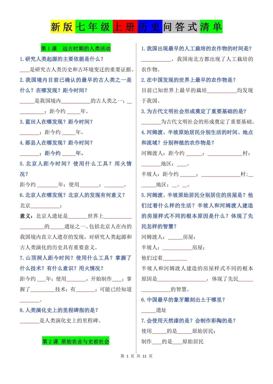 初一新版本七上历史全册重点问答式知识点清单梳理必背总结电子打印版!(2026)-第6张图片-四季读书网