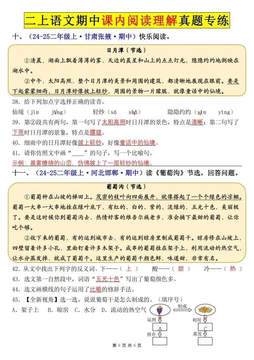 26秋二年级上册语文【课内阅读理解真题专项】各地期中真题(含红字答案),电子版可打印-第8张图片-四季读书网