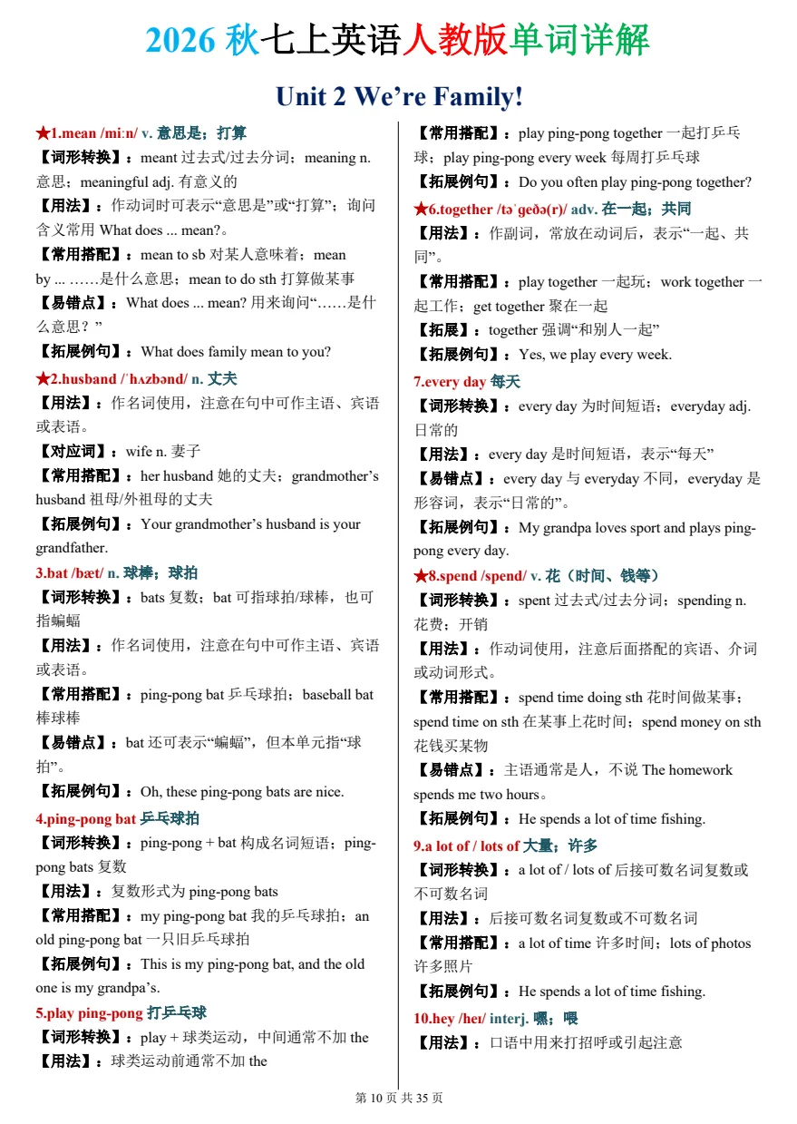 2026新初一上册七年级英语(人教版)全册单词详解,电子版可打印!-第9张图片-四季读书网