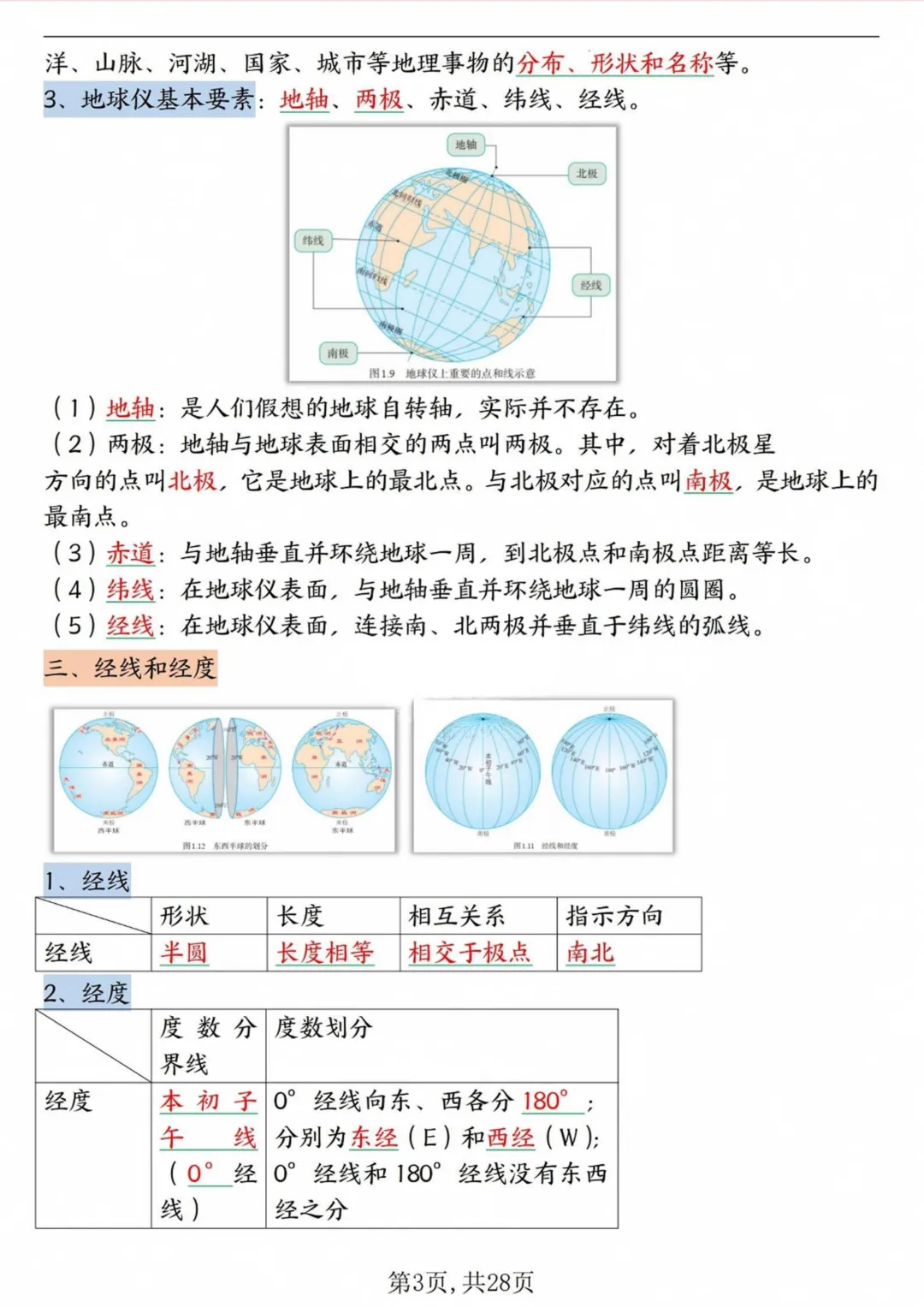 初一2026新版七年级上册地理全册高频考点知识点汇总(电子版可打印)-第4张图片-四季读书网
