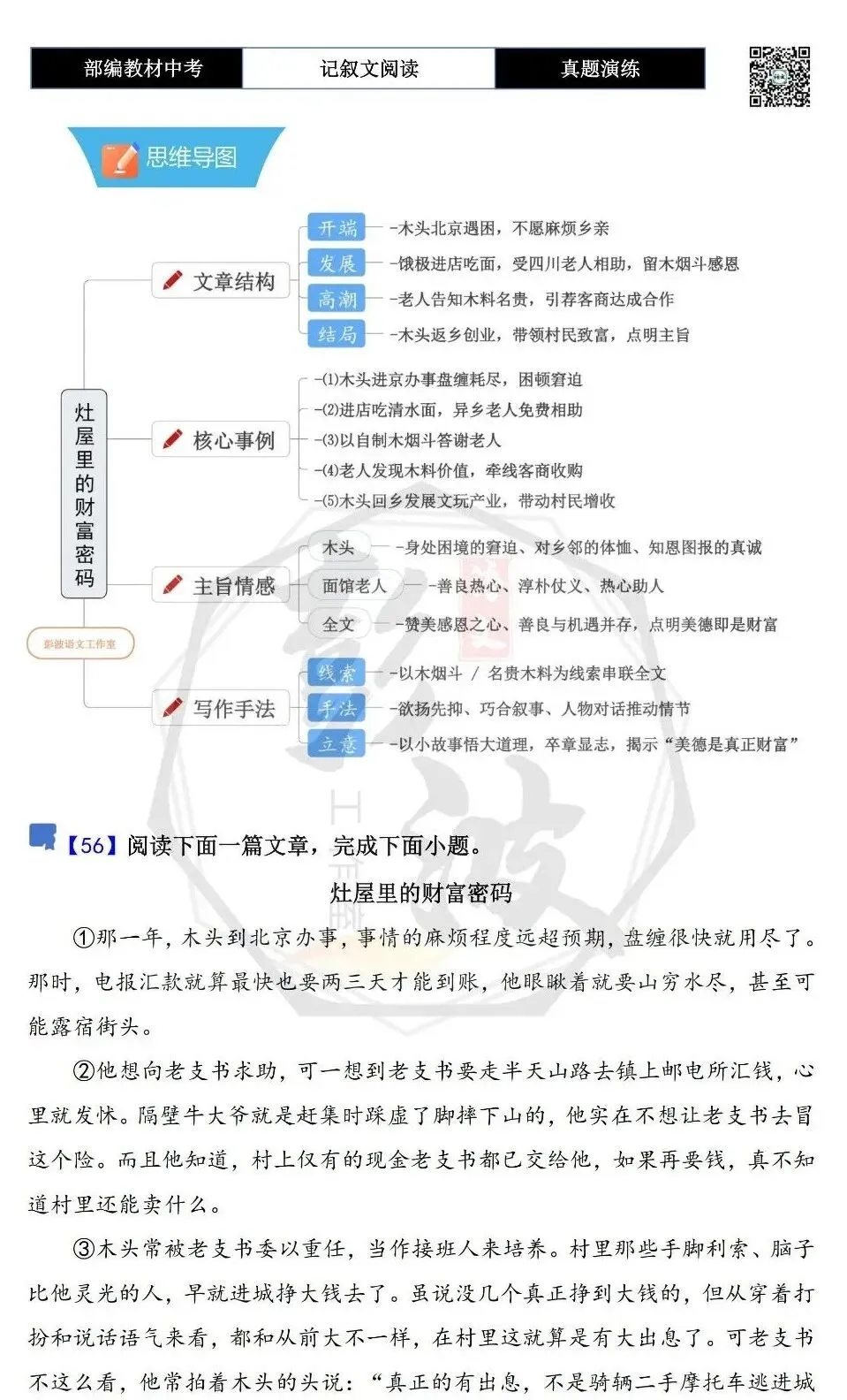 【中考现代文阅读-真题演练】56-灶屋里的财富密码-思维导图+试题精析-第5张图片-四季读书网