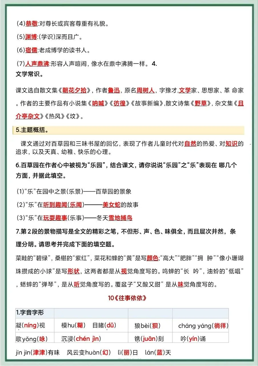 初一新教材七上语文全册常考知识点清单梳理必背总结电子打印版!(2026)-第10张图片-四季读书网