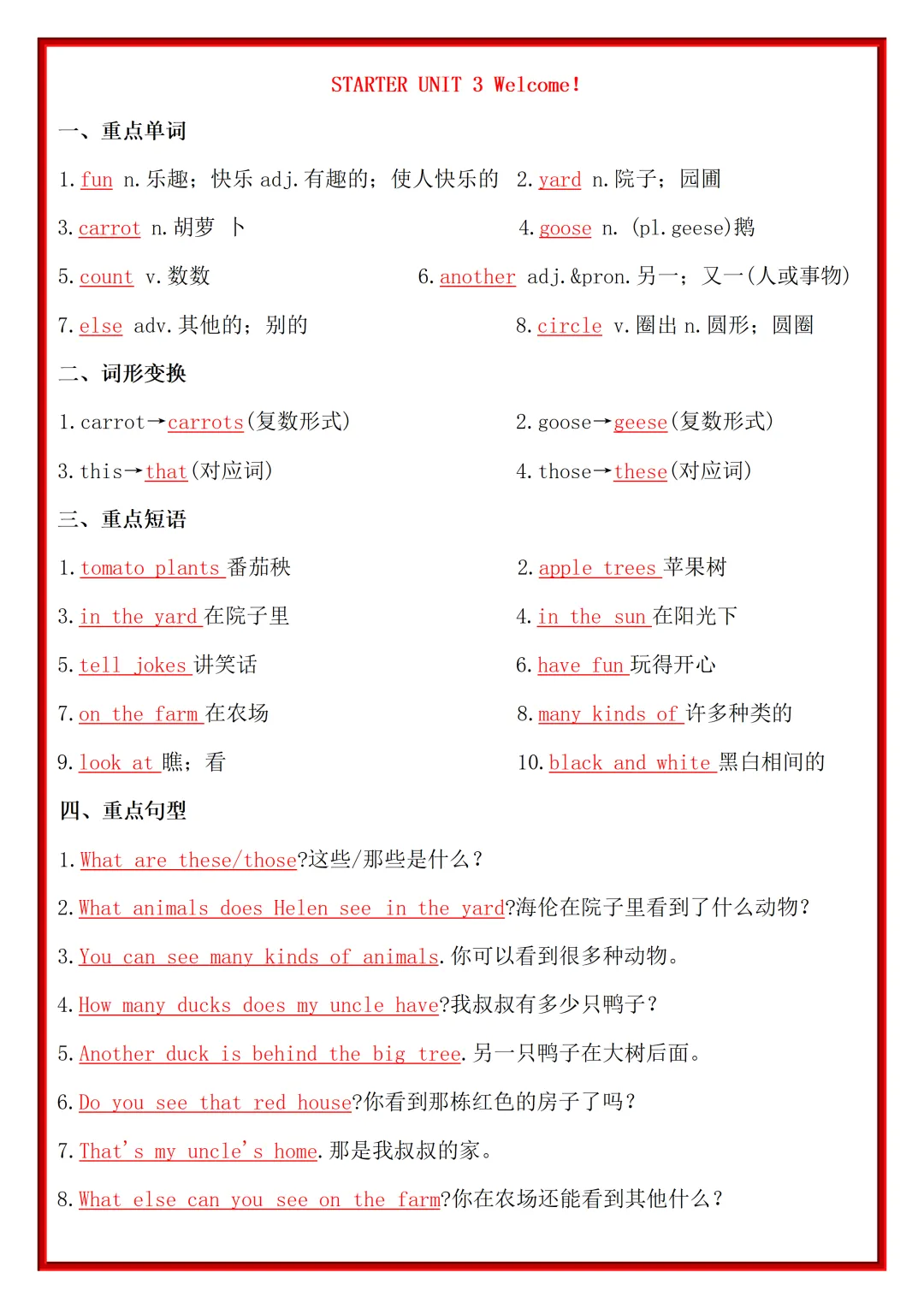 【初一】2026秋七年级上册英语全册重点单词短语句型知识梳理汇总,有完整版可打印,建议家长领取一份打印给孩子!-第7张图片-四季读书网