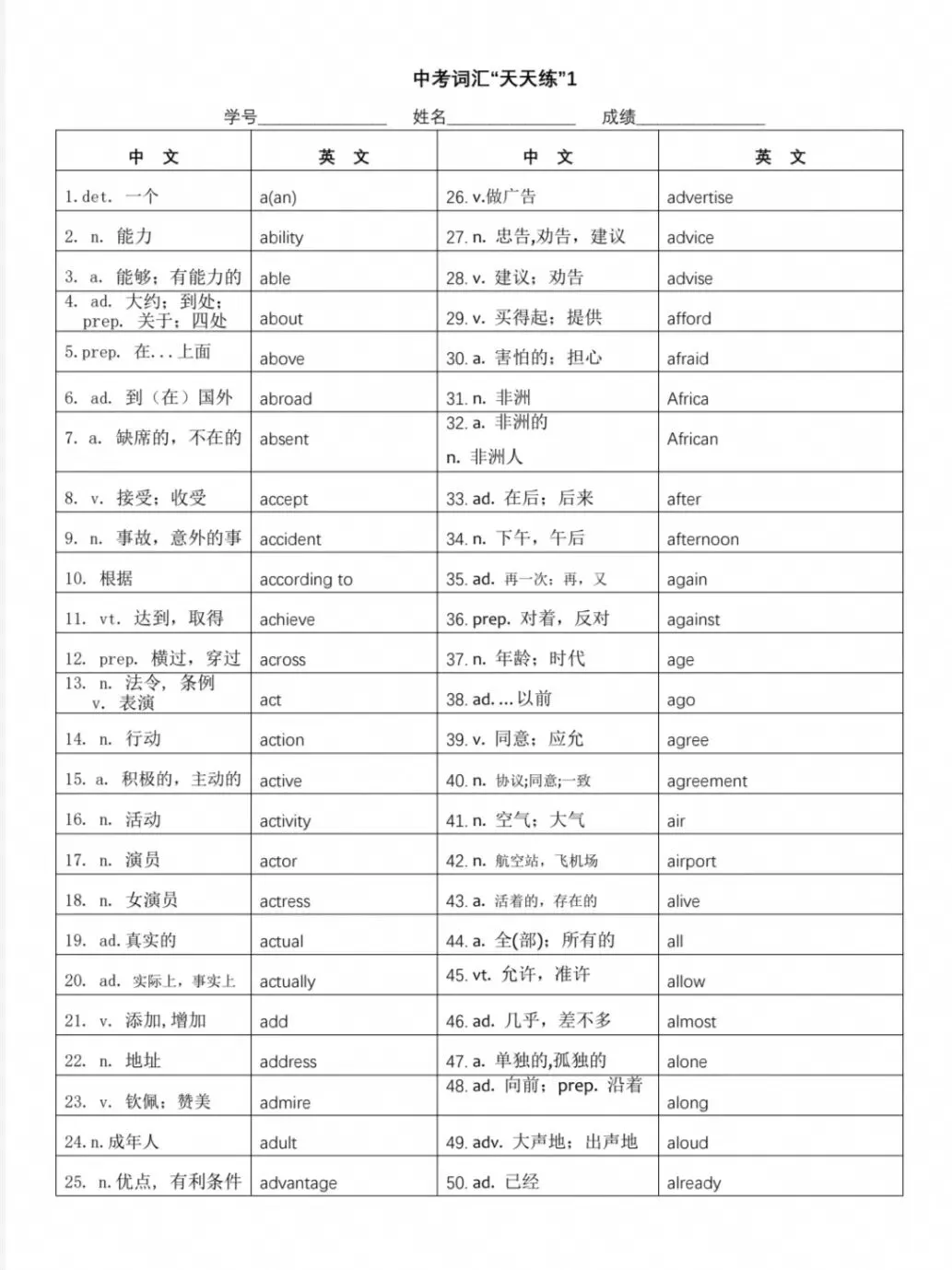 2027中考英语|1600大纲词汇完整梳理,附默写表-第3张图片-四季读书网